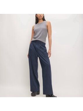 EVERLANE Women's Pinstripe Wide Leg Pleated Trousers Navy Blue